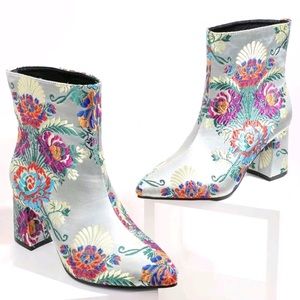 Silver satin floral brocade boots